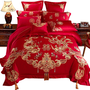 婚庆四件套1.8米刺绣龙凤百子图十件套大红色结婚六件套床上用品