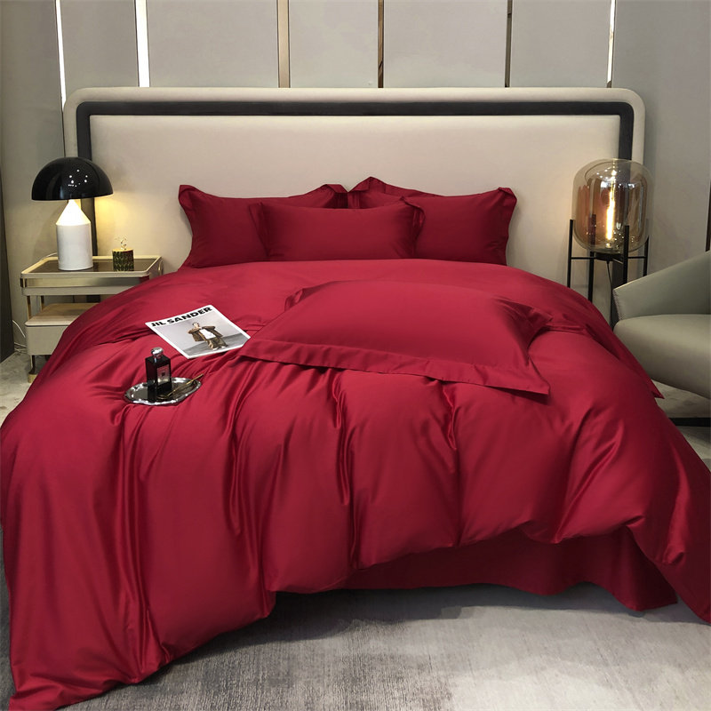 简约全棉纯棉贡缎长绒棉大红色婚庆四件套纯色印花床单被套裸睡