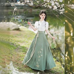 中国风古典汉服马面裙新中式复古竹叶印花半身裙长裙套装两件套女