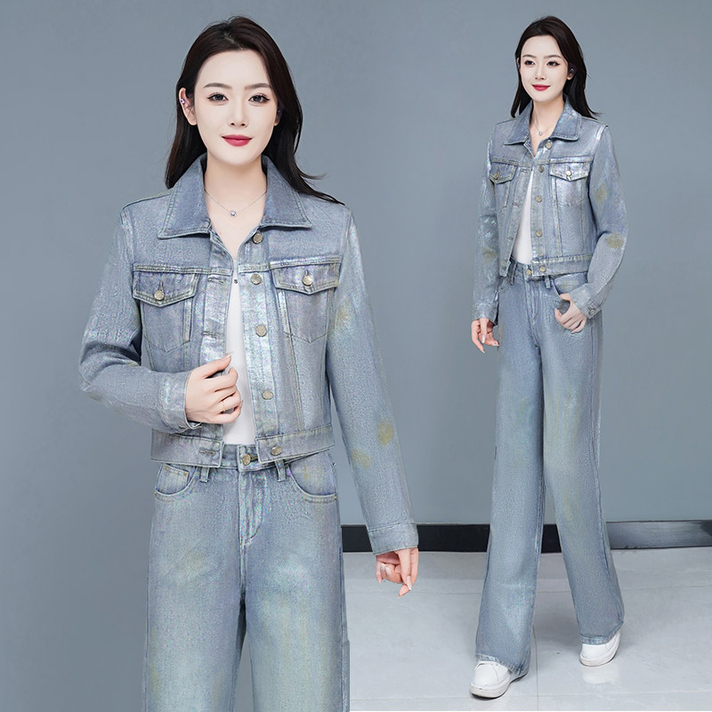 秋季牛仔套装女高级感宽松翻领夹克阔腿裤两件套减龄