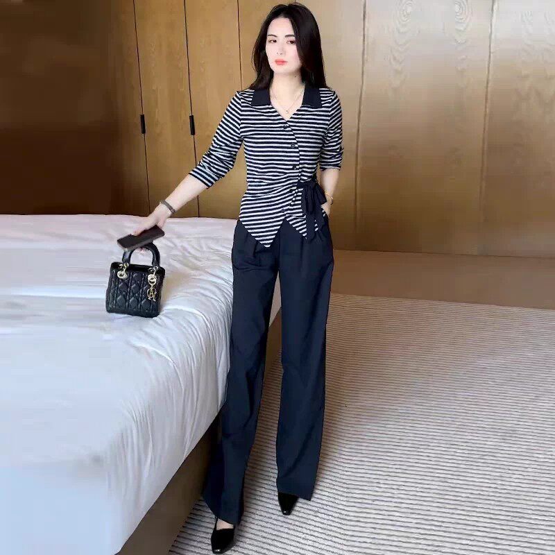 休闲时尚套装女士秋装新款收腰显瘦条纹长袖上衣阔腿裤超火两件套