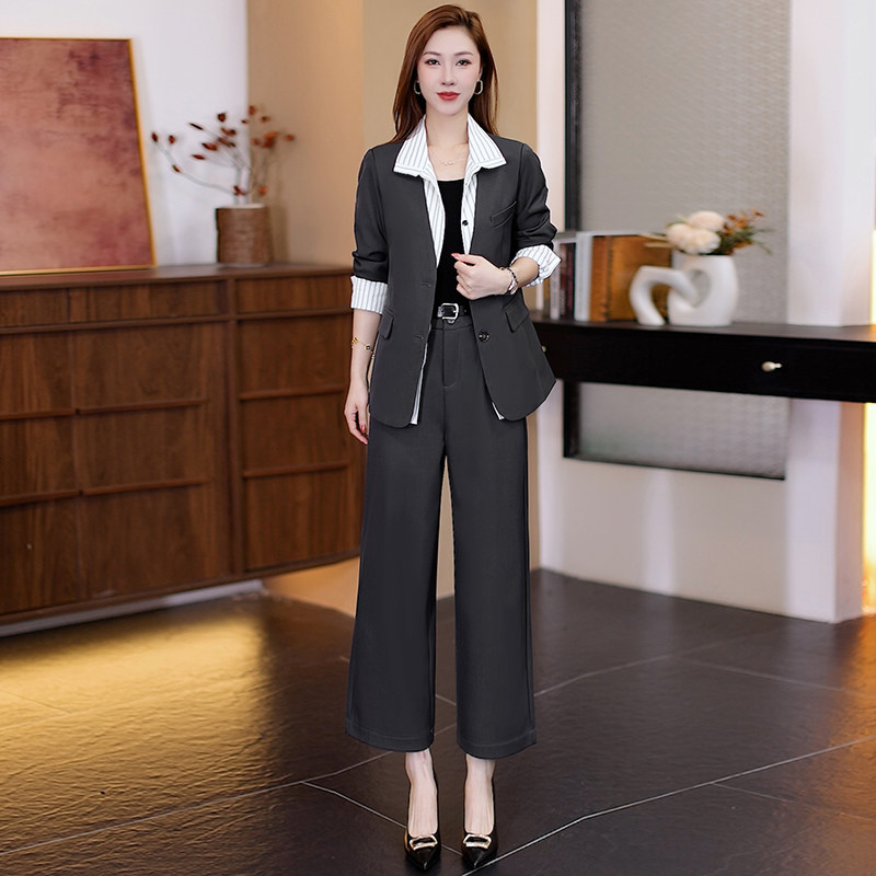 高级感拼接假两件西装套裤女灰色宽松西服外套阔腿长裤职业套装
