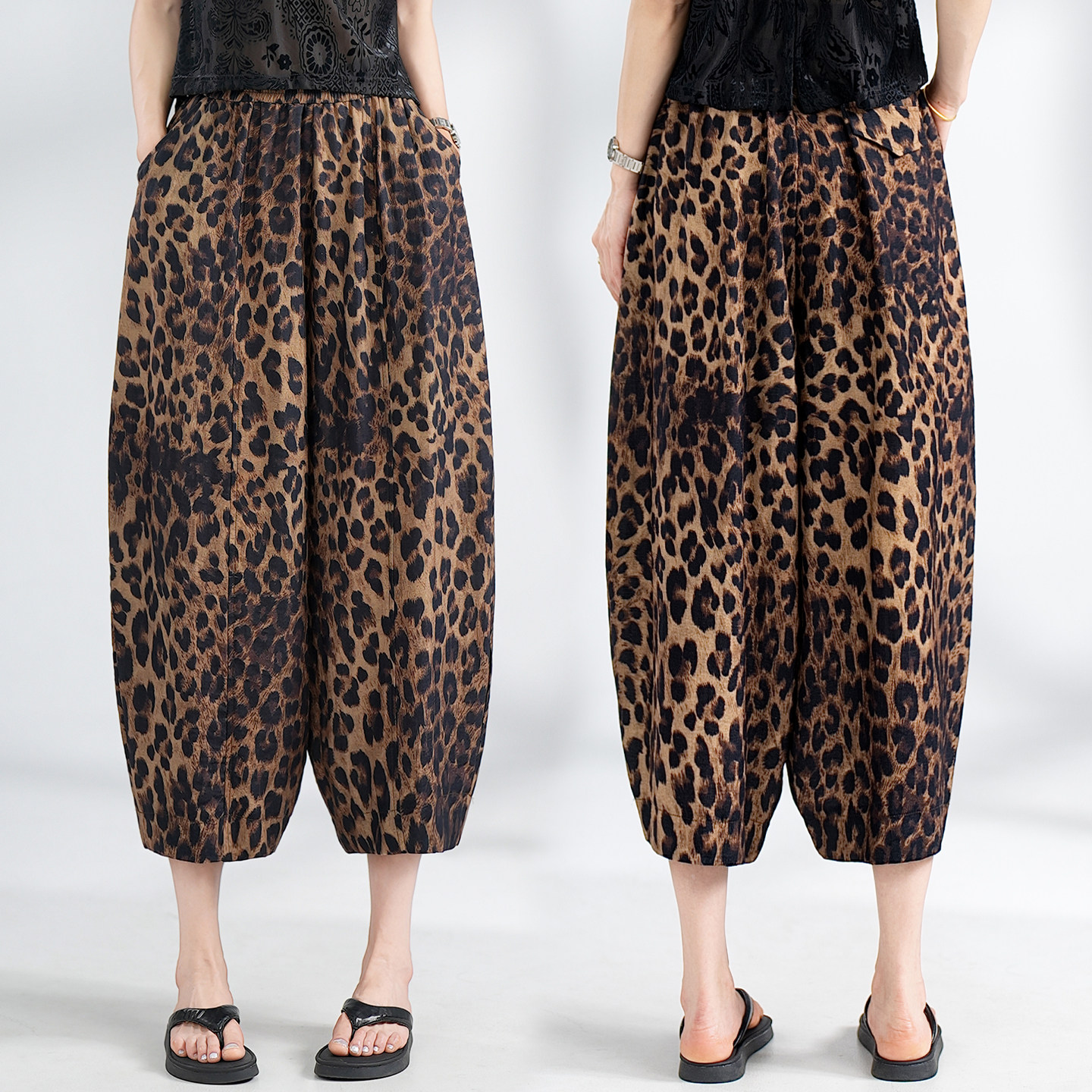 豹纹阔腿八分气球裤女夏季薄款