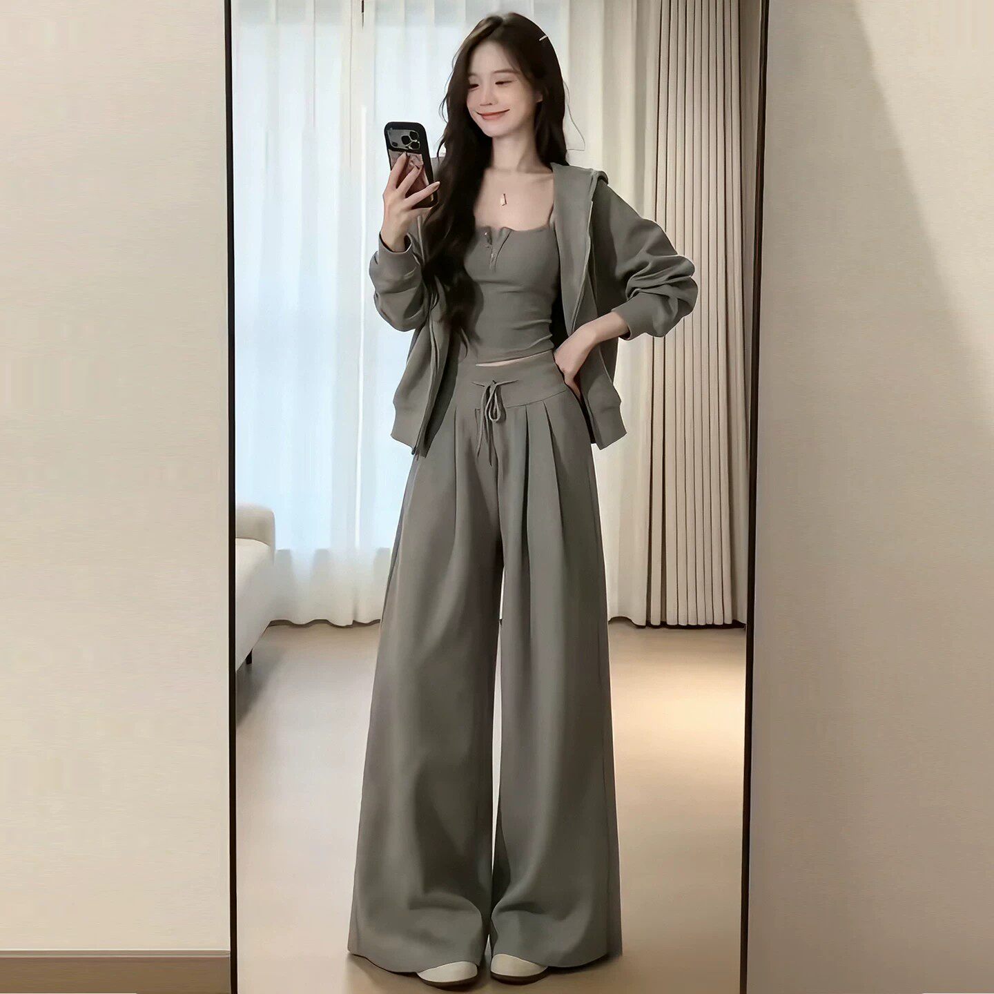 时尚休闲套装女秋季新款运动连帽开衫背心阔腿裤慵懒风三件套