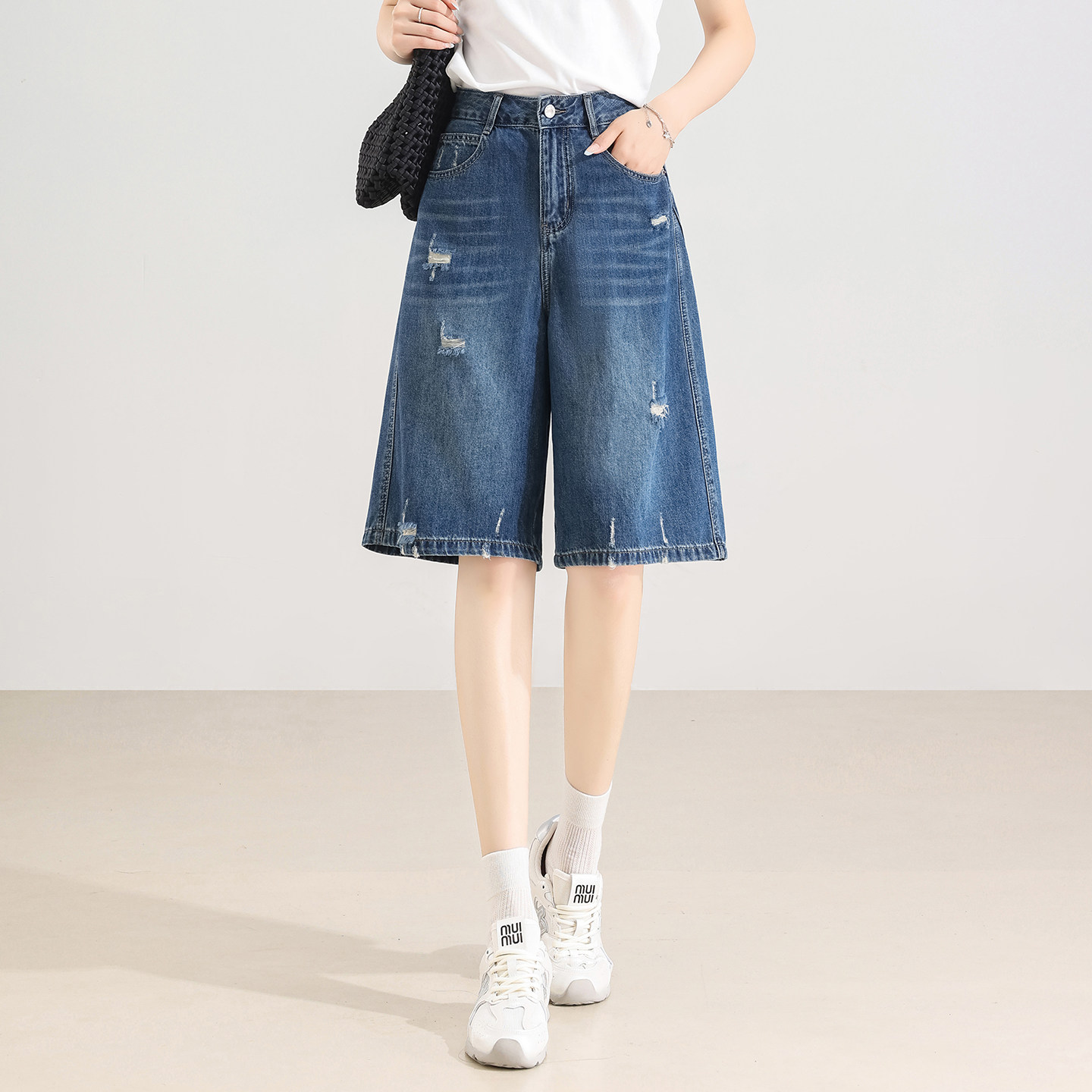 美式复古高腰直筒牛仔短裤女夏季