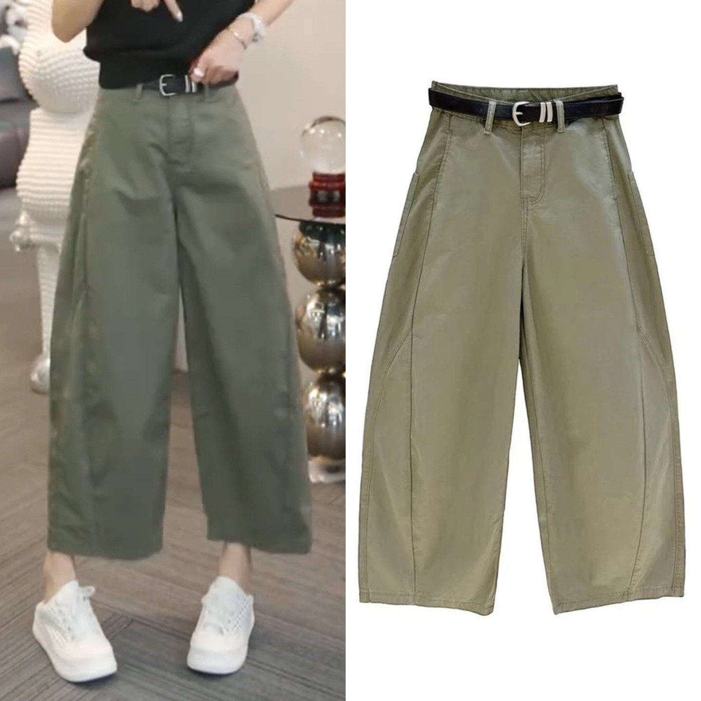 军绿色高腰工装弯刀裤女夏季薄款2026年爆款小个子显瘦九分镰刀裤
