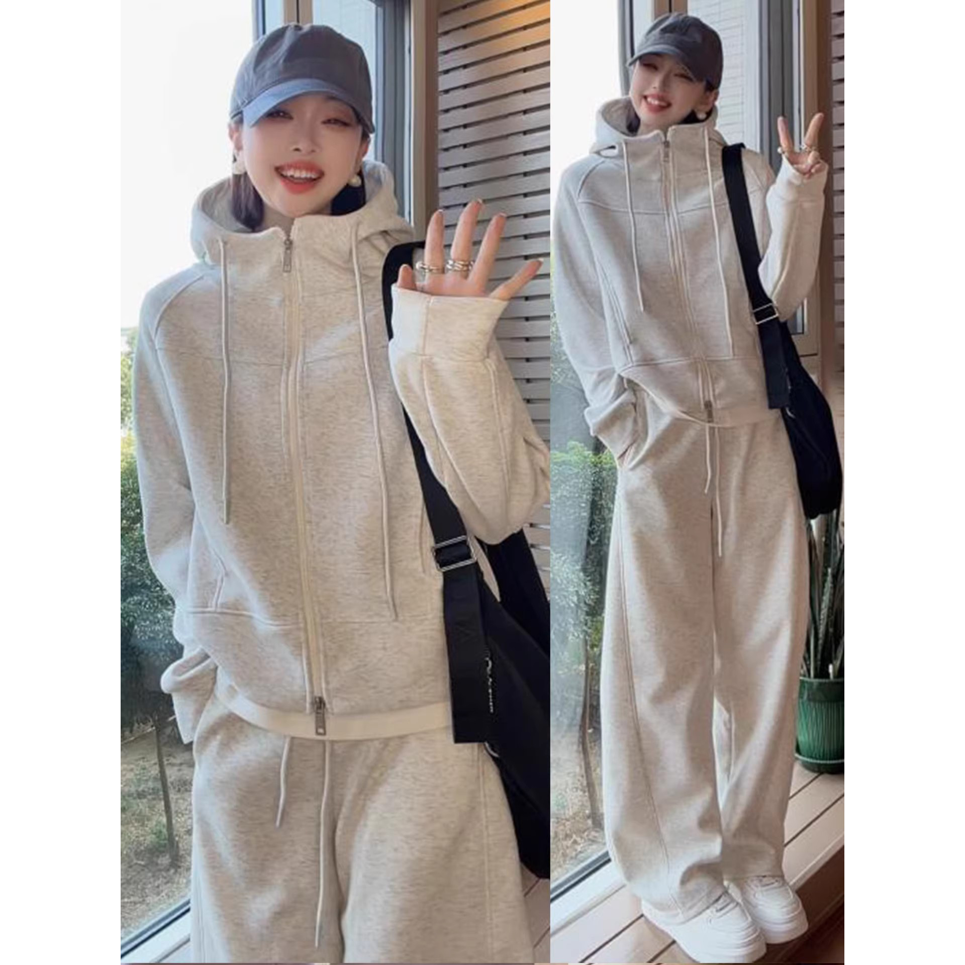 宽松休闲连帽开衫外套阔腿裤两件套女春季新款时尚减龄运动服套装