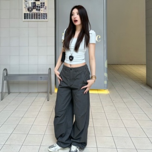 【伞兵裤】文雅说美式复古工装阔腿裤低腰宽松辣妹露脐伞兵裤女