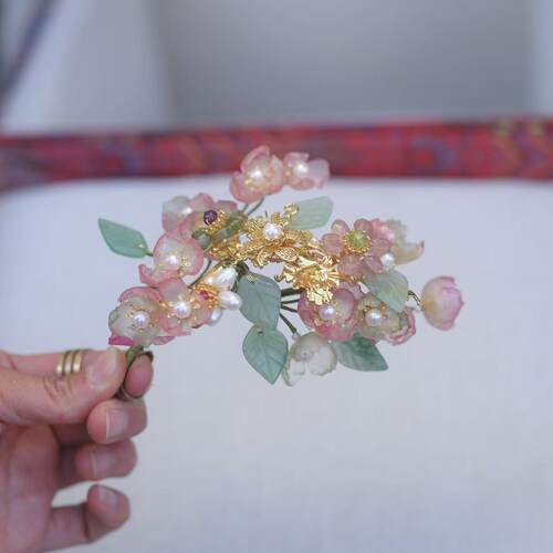 稷氏小筑 桃嫣 汉服头发饰珍珠耳环铜镀金头饰手工皮造花流苏发钗