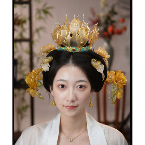稷氏小筑 春临 汉服古风配饰金色黄色莲花冠套装皮造花发冠