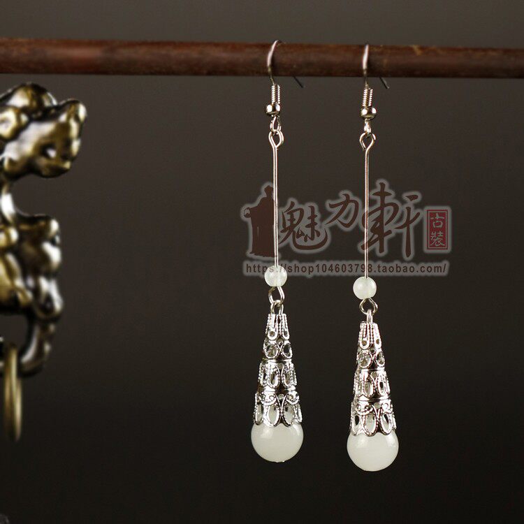 古装饰品贵妃耳环银色玉石耳勾耳夹古代女子饰品古典配饰影视道具