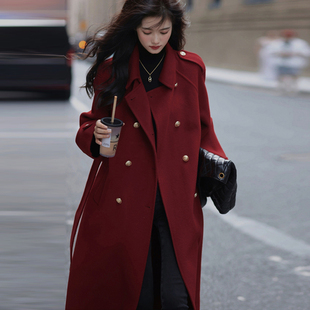 酒红色毛呢外套秋冬韩系大码胖MM200斤新年战袍金扣复古呢子大衣