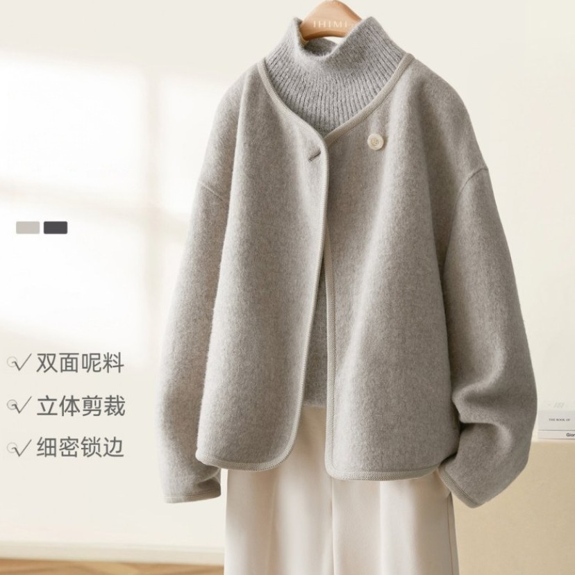 浅灰色短款简约毛呢外套女秋冬装韩系大码胖MM纯色加厚呢子大衣