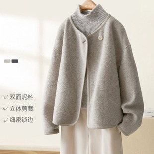 浅灰色短款简约毛呢外套女秋冬装韩系大码胖MM纯色加厚呢子大衣