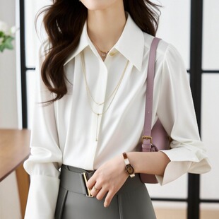 白色雪纺吊坠衬衫女长袖春夏装大码胖MM设计感小众职业OL通勤上衣