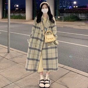韩系格子毛呢外套女2023年秋冬大码胖mm小个子赫本风加厚呢子大衣
