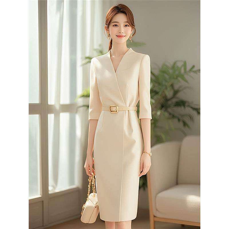 国际大牌专柜正品春夏季正式场合洋装白色五分袖大码西装套装长裙