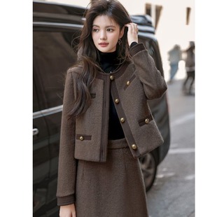 2025秋冬毛呢短外套半身裙两件套女大码胖MM韩系中长款半身裙套装