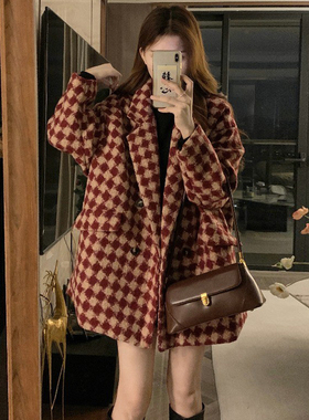 红白格子短款毛呢外套女2025春秋韩系大码胖MM155cm小个子呢大衣