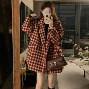 红白格子短款毛呢外套女2025春秋韩系大码胖MM155cm小个子呢大衣
