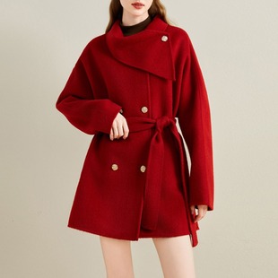 新年酒红色千金风毛呢大衣围脖领减龄呢子外套高级感小个子呢大衣