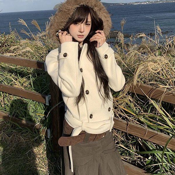 仿狐狸毛领呢子外套女155cm小个子2026秋冬季新款韩系毛呢大衣潮
