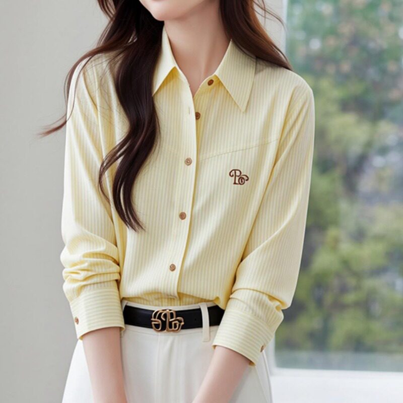 柠檬黄色雪纺衬衫女长袖春韩系设计感小众职业通勤OL刺绣设计上衣