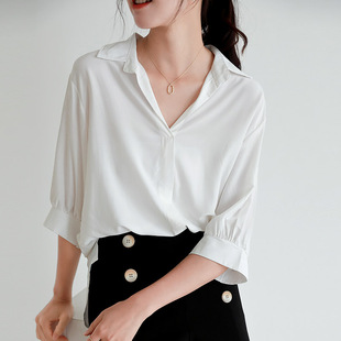 白衬衫女夏五分袖V领上衣大码胖MM设计感小众复古法式灯笼袖衬衣