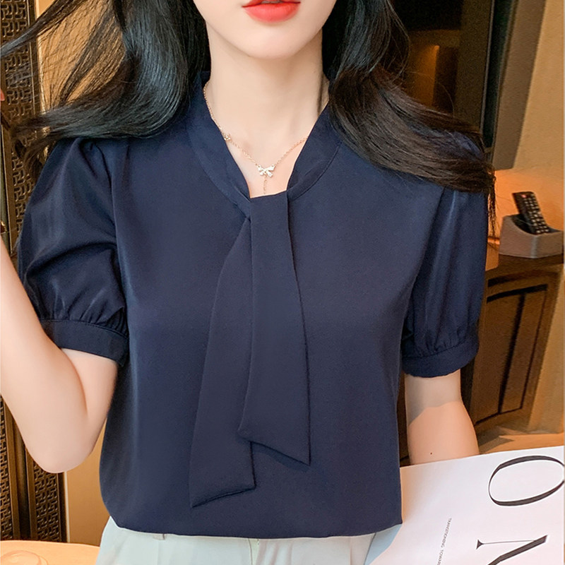 藏青色雪纺短袖衬衫女夏装韩版大码胖MM220斤设计感蝴蝶结上衣