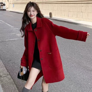 正红色毛呢外套短款秋冬装韩系大码胖MM加厚本命新年小个子呢大衣