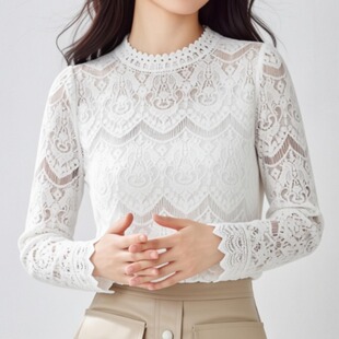 白色蕾丝打底衫女2026春夏装韩版大码胖MM内搭网纱洋气通勤上衣