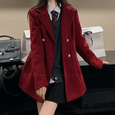 【送运费险】酒红色短款毛呢外套