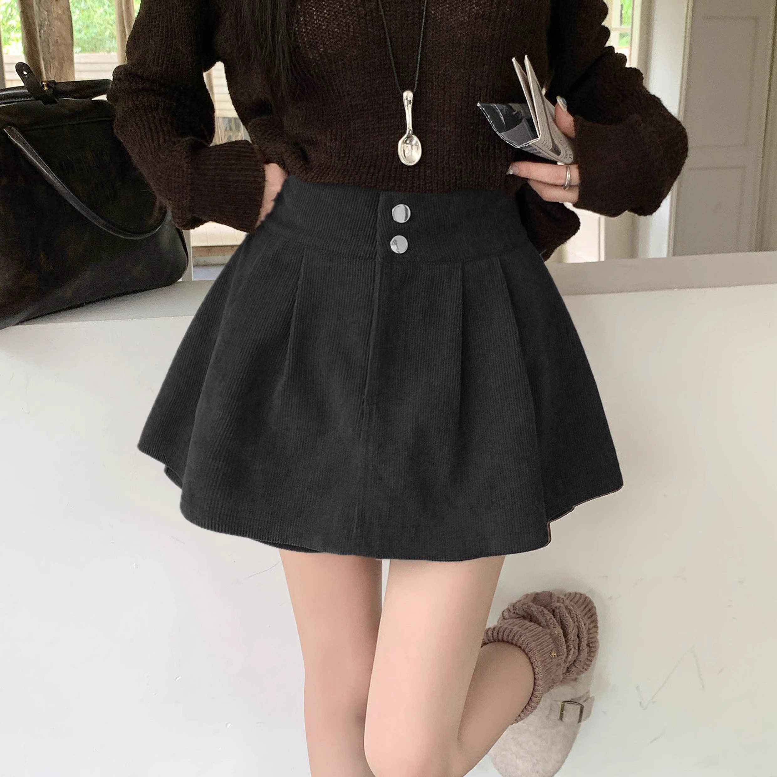 黑色灯芯绒半身裙秋冬大码高腰遮胯防走光a字遮肚子百褶裙裤裙女,女装/女士精品,半身裙,淘宝优惠券,粉丝福利购,淘宝优惠卷