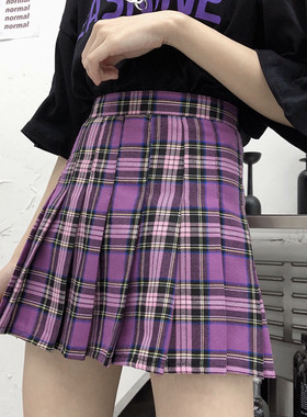 紫色格子百褶裙半身裙女2021胖mm高腰防走光短裙显瘦少女裙JK格裙