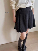 灰色毛呢百褶半身裙女秋冬双排扣高腰miu系A字裙小个子大码 短裙裤