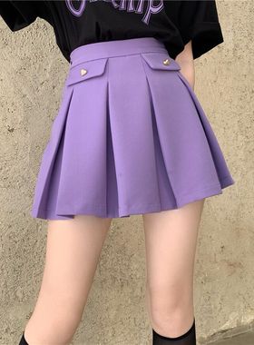 紫色百褶裙女高腰a字褶皱短裙夏胖mm大码设计感学院风半身裙美式