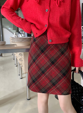暗红格子半身裙加长a字裙胖mm复古红色毛呢中裙红黑半裙格纹短裙