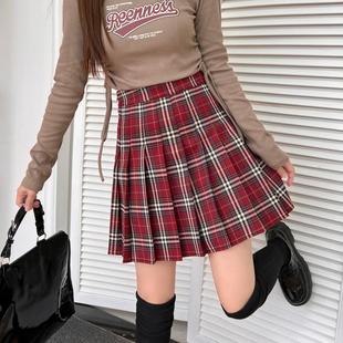 半身裙秋冬女胖mm高腰遮胯a字裙显瘦学生短裙 百褶裙红色格子大码