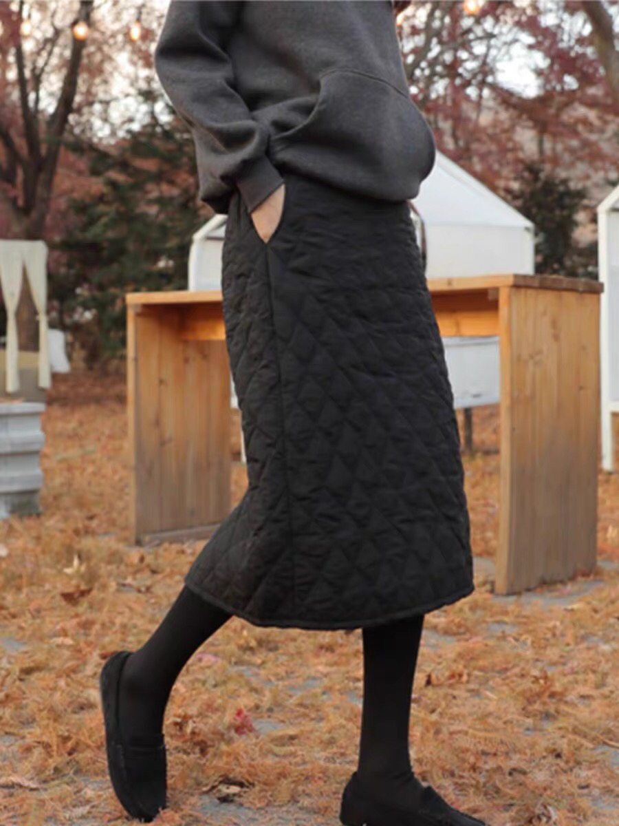 菱格加厚开叉过膝中长夹棉a字裙