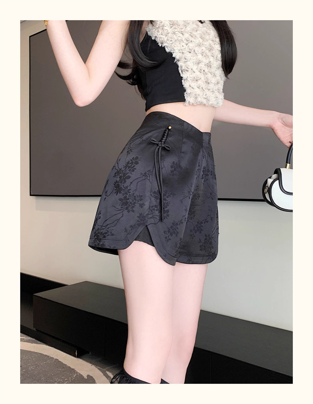 中式提花短裤黑色复古休闲女夏季新款高腰a字热裤胖mm国风阔腿裤