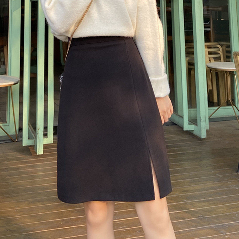 黑色a字半身裙女2022新款小个子中长款胖mm百搭开叉包臀裙厚毛呢