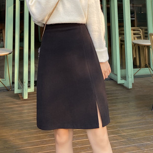 小个子中长款 黑色a字半身裙女2022新款 胖mm百搭开叉包臀裙厚毛呢