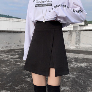 高腰短裙毛呢半身裙秋冬女大码 裙 黑色a字裙裤 设计感遮肚子遮肉裤