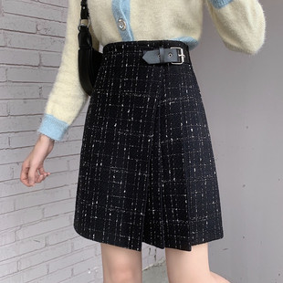 子中裙胖mm黑色包臀毛呢短裙a字裙 半身裙女设计感百褶裙小香风格