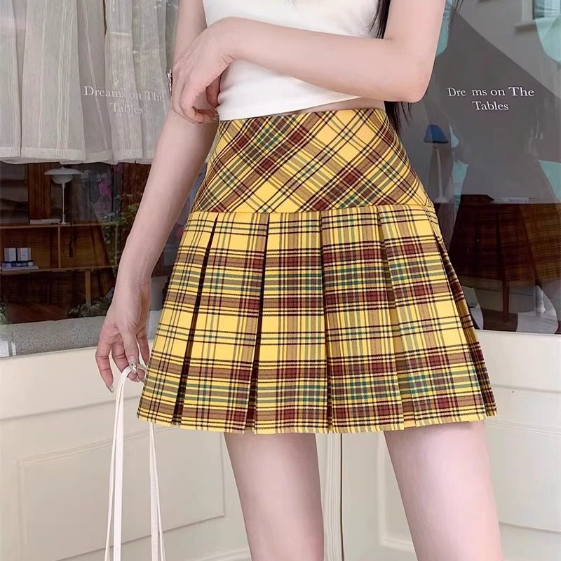 黄格子裙百褶裙女夏季高腰显瘦格纹a字短裙子小个子jk学生半身裙,女装/女士精品,半身裙,淘宝优惠券,粉丝福利购,淘宝优惠卷
