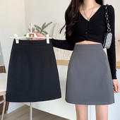 灰色a字裙秋冬半身裙女小个子中裙胖mm一步包臀裙毛呢职业短裙子