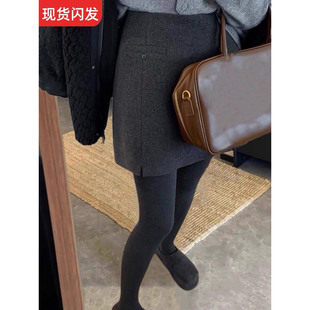 灰色毛呢半身裙女秋冬新款百搭厚a字裙呢料黑色大码短裙包臀裙裤