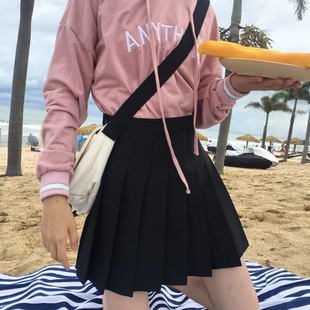 半身裙胖mm松紧腰学院风a字裙黑色短裙防走光 藏蓝色百褶裙女大码