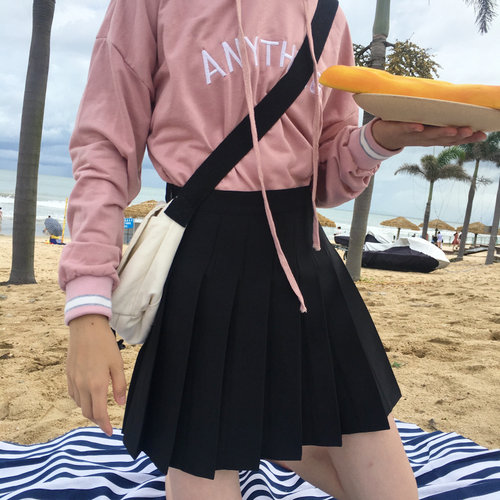 百褶裙学院风松紧腰短裙西装藏蓝