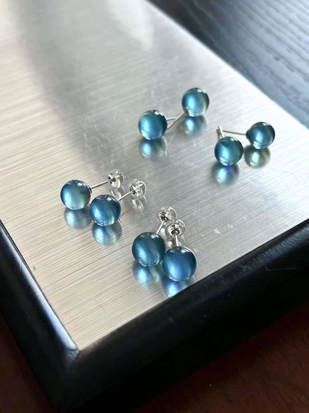 天然巴西冰种海蓝宝圆珠耳钉92耳钉
